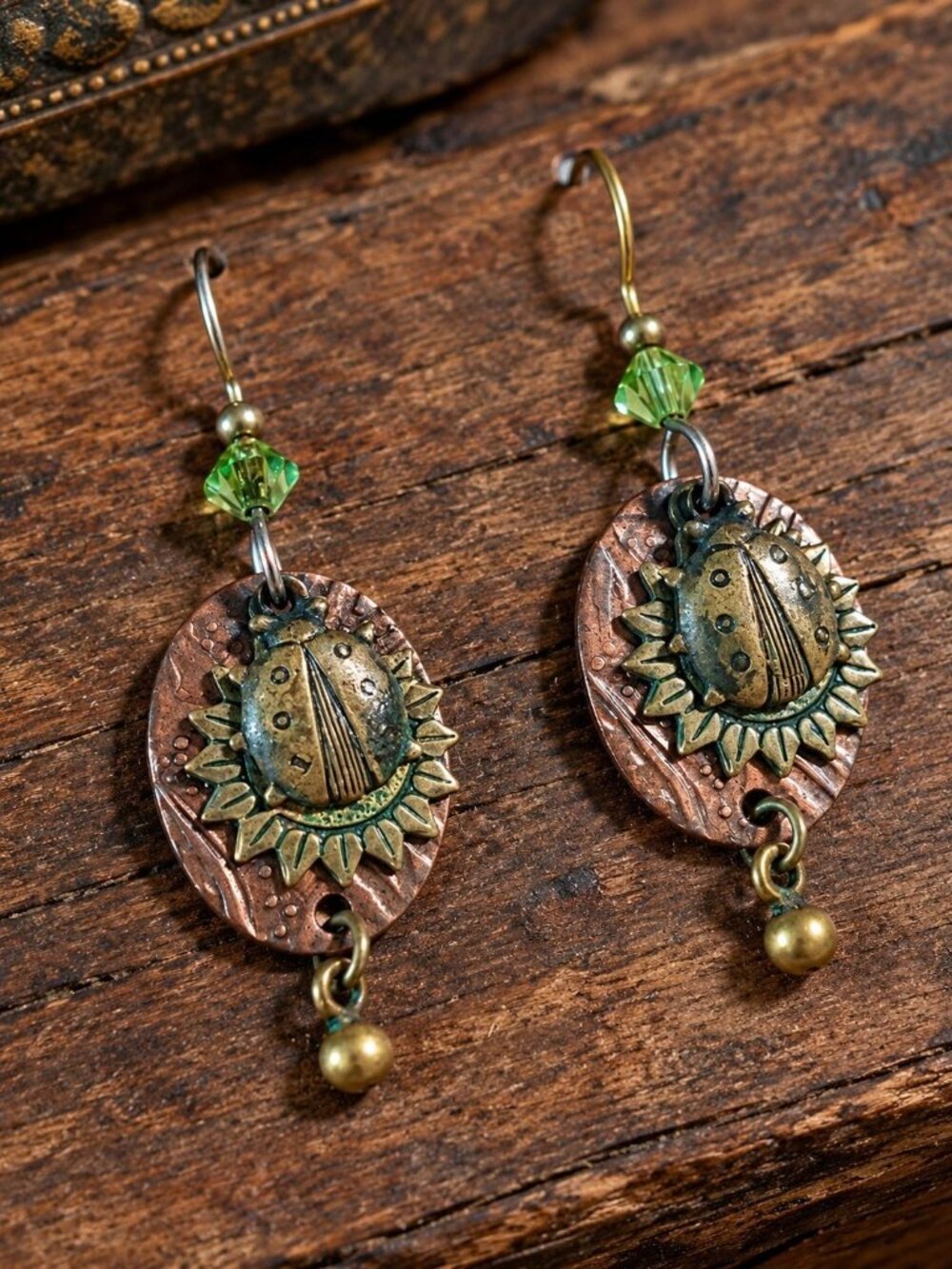 Vintage Ladybug Charm Dangle Earrings Brass Sunflower Crystal Beads Green Handma